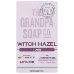 GP027 | Grandpa Soap Co. front packaging for Witch Hazel tone lavender soap bar, net wt 4.25 oz