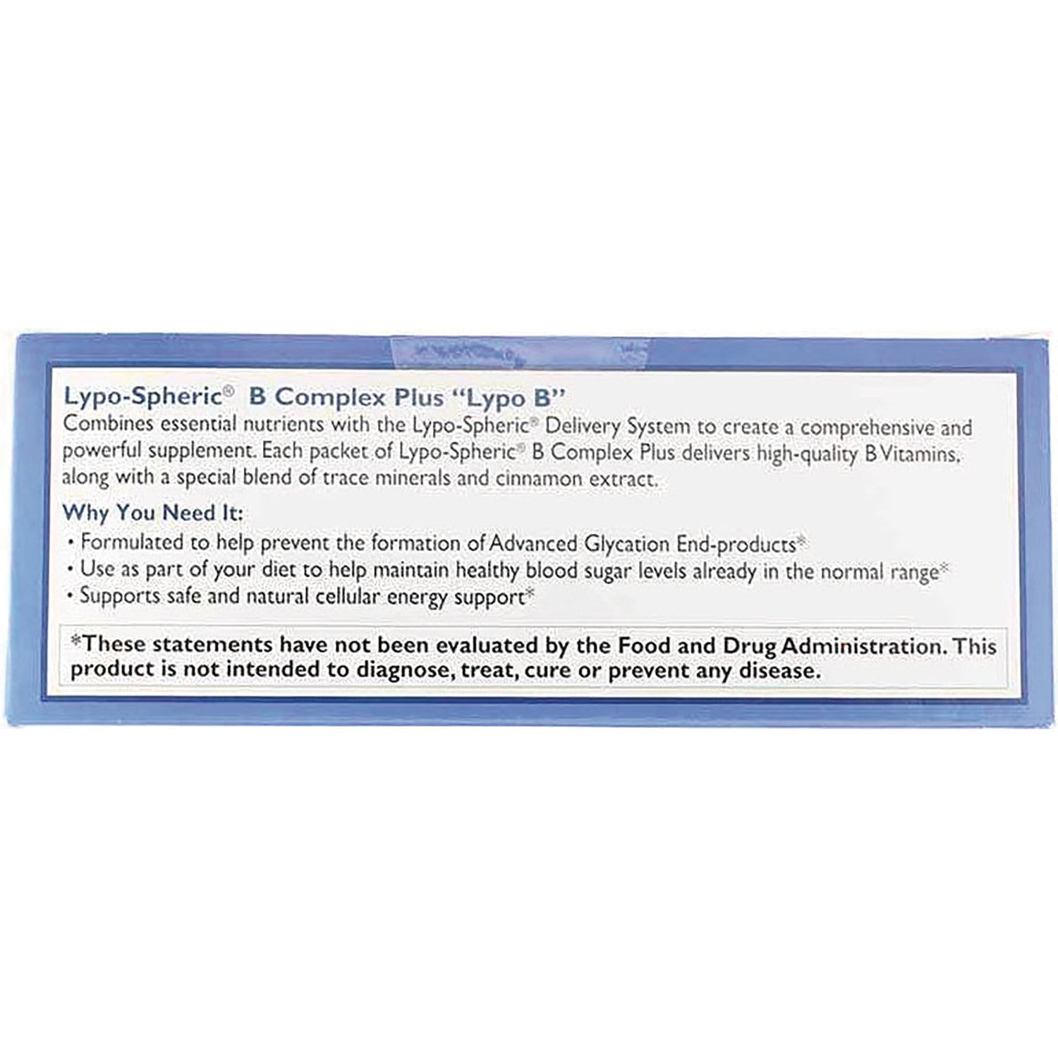 LVL005 | back label showing Lypo-Spheric B Complex Plus Lypo B description, usage bullets and FDA disclaimer