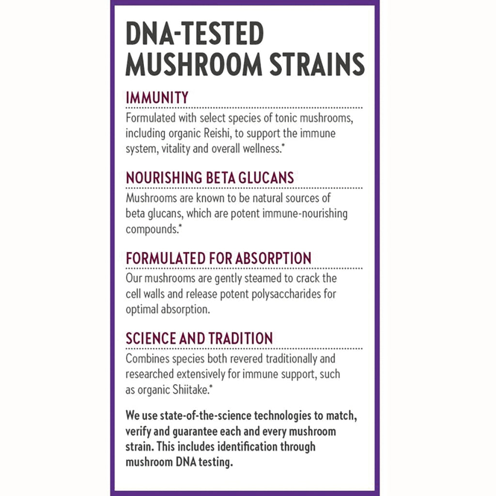 NWC268 | Infographic titled DNA-tested mushroom strains describing immunity, beta glucans, absorption, and science and tradition - Thumbnail