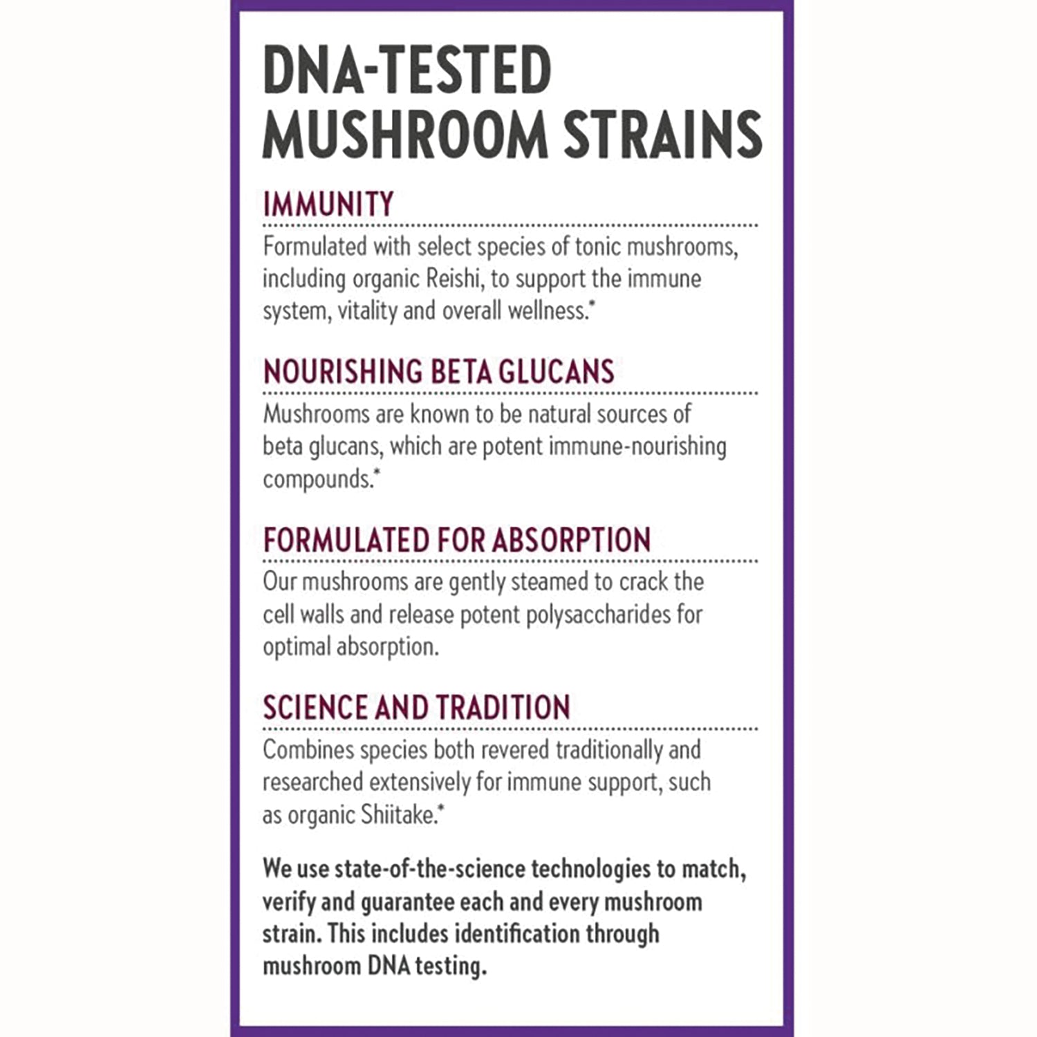 NWC268 | Infographic titled DNA-tested mushroom strains describing immunity, beta glucans, absorption, and science and tradition