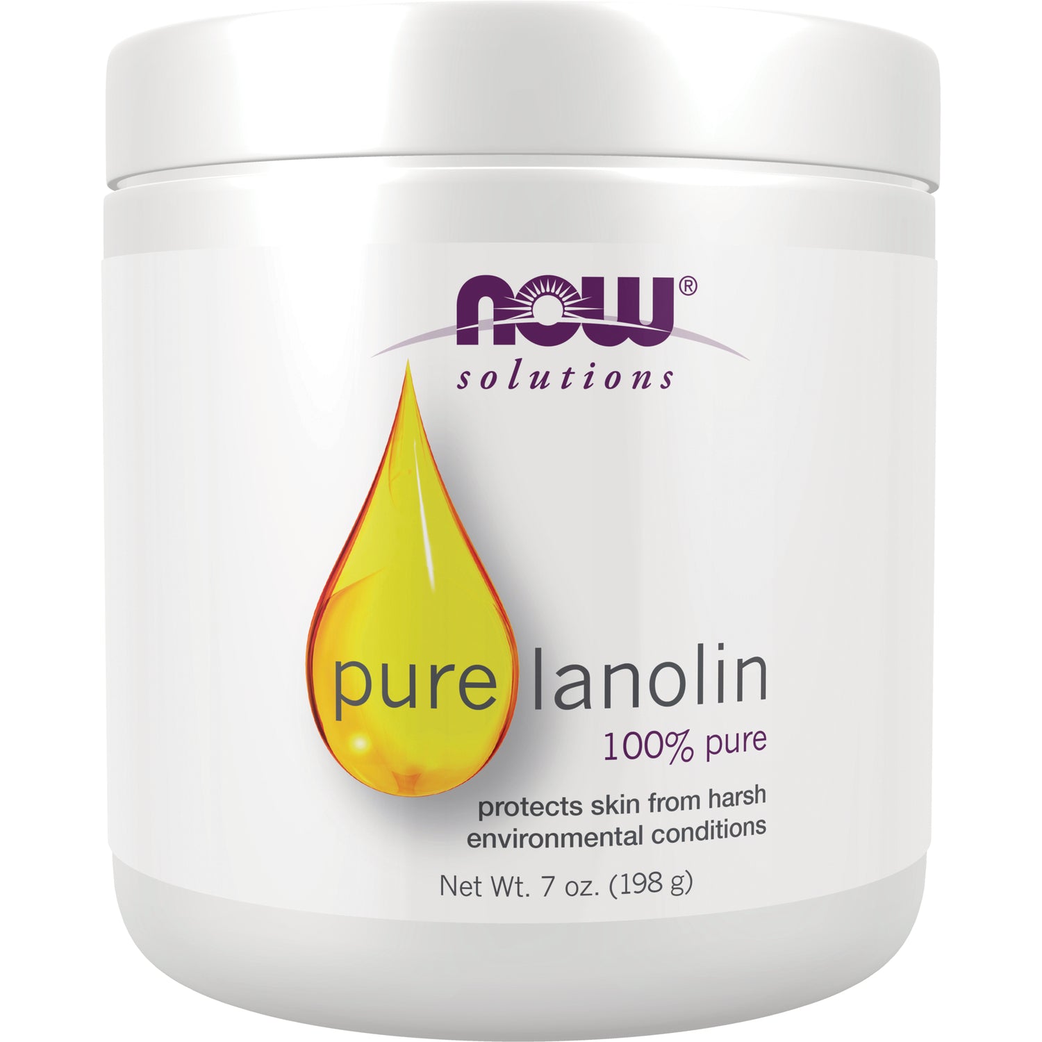 NWF440 | NOW Solutions white jar labeled pure lanolin 100% pure with yellow droplet, Net Wt. 7 oz (198 g)