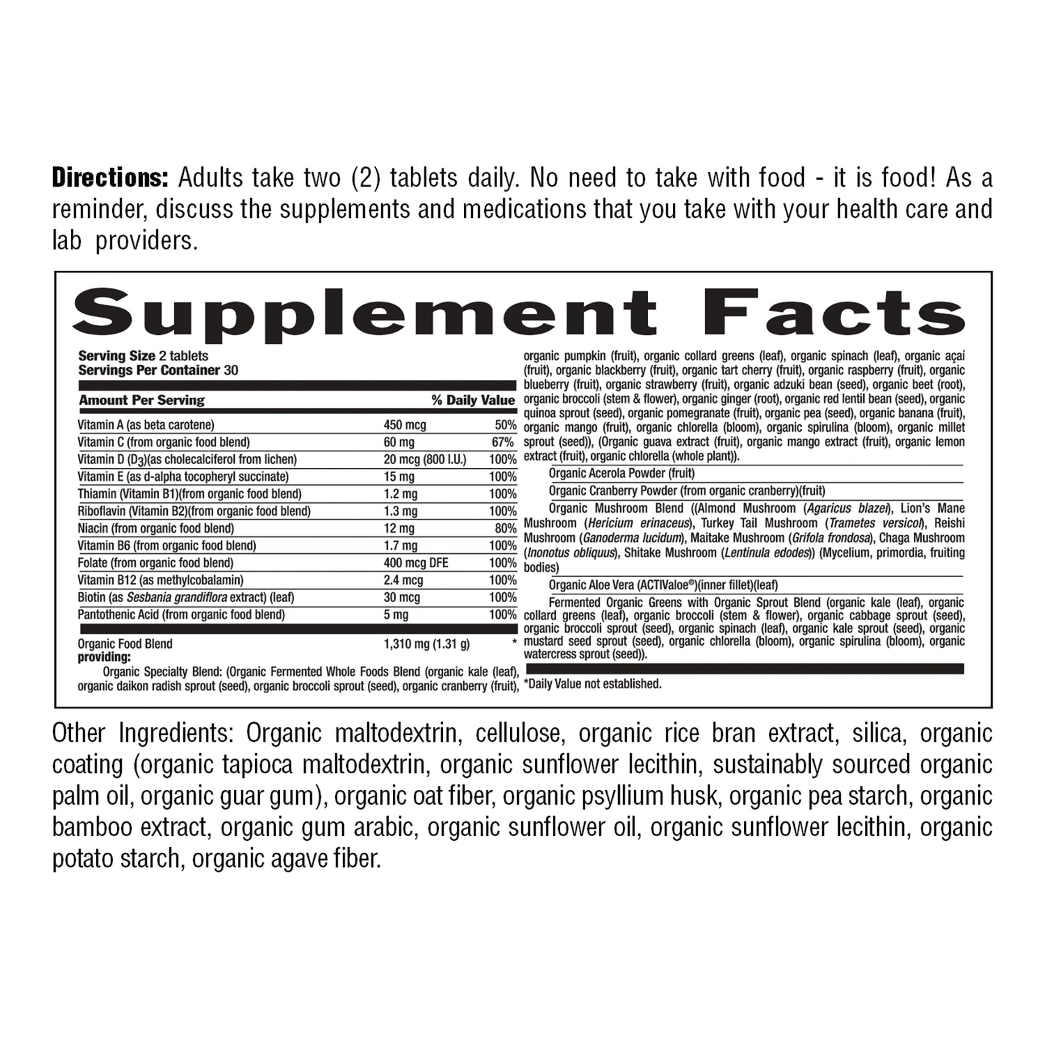 CRL645 | Back label showing Supplement Facts panel, directions to take two tablets daily and list of other ingredients