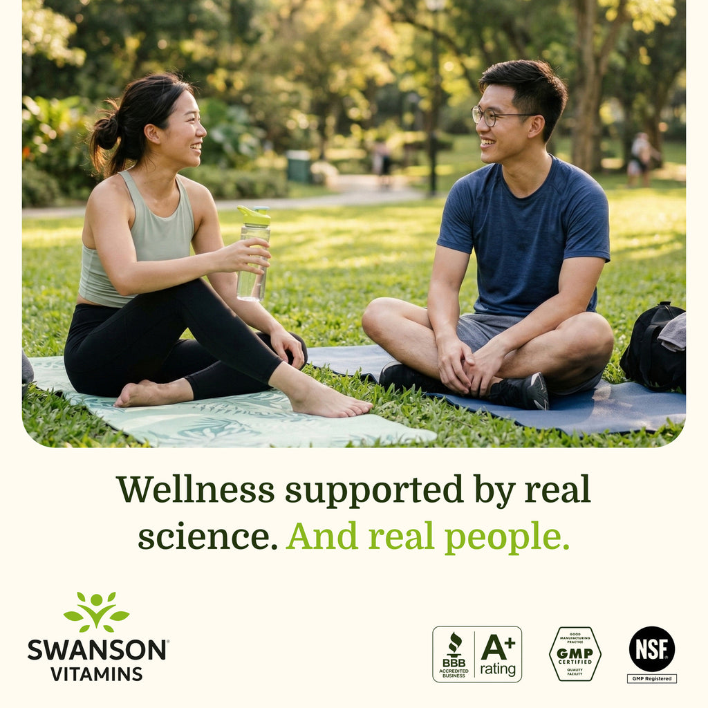 SW1243 | Smiling couple sitting on yoga mats in a park with Swanson Vitamins branding and certification badges - Thumbnail