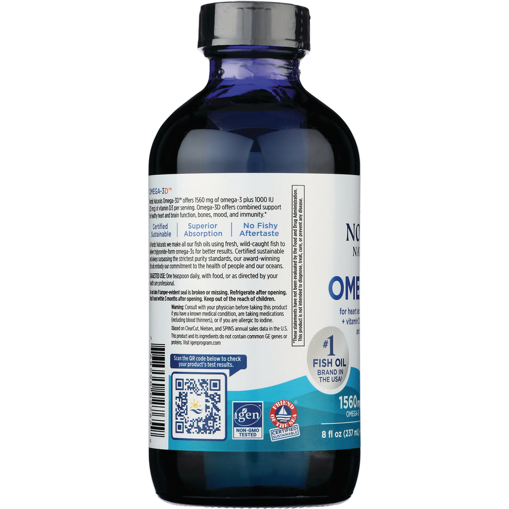 NRN030 | back label of blue glass bottle showing product facts, QR code, certifications and usage text - Thumbnail