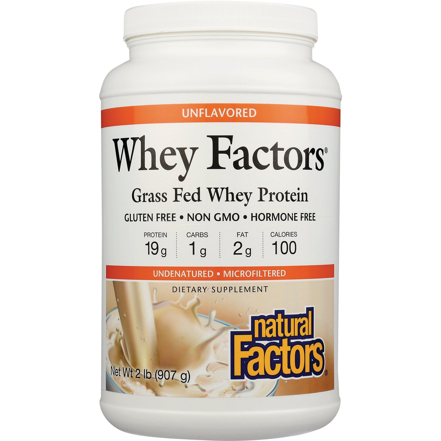 NFC108 | Whey Factors grass fed whey protein unflavored tub, net wt 2 lb (907 g), Natural Factors label