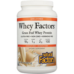 NFC108 | Whey Factors grass fed whey protein unflavored tub, net wt 2 lb (907 g), Natural Factors label