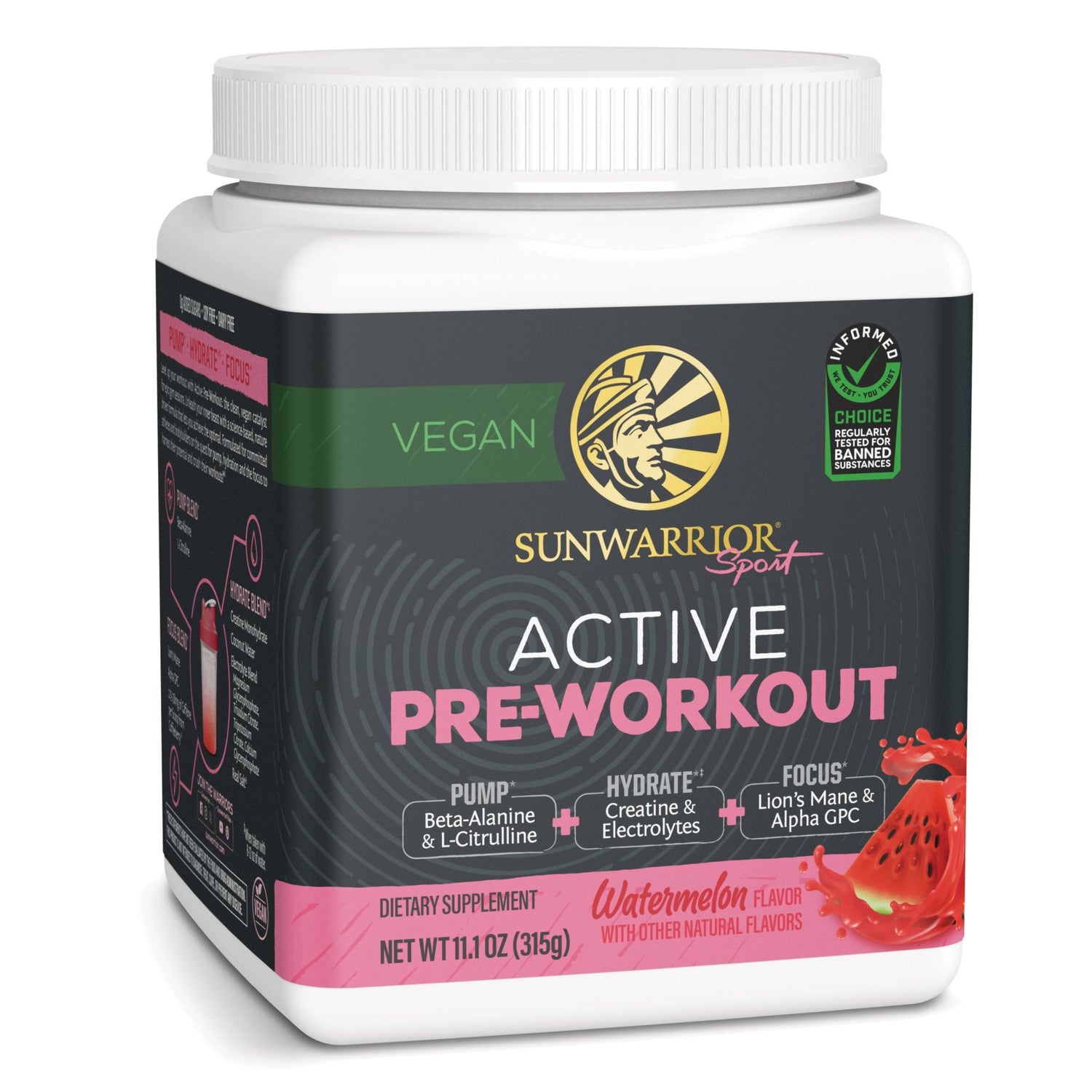 SNW048 | Sunwarrior Sport Active Pre-Workout, Watermelon flavor vegan dietary supplement tub