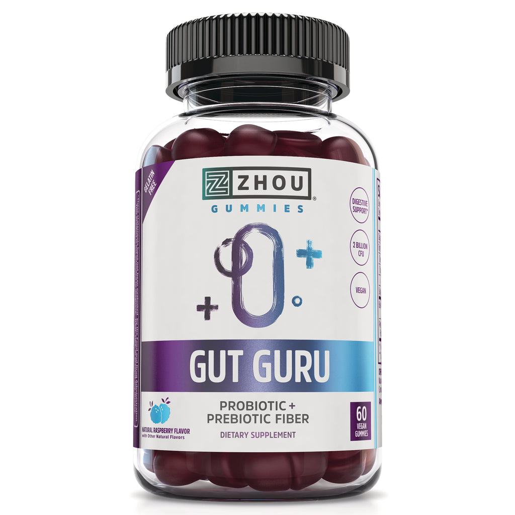ZOU075 | Zhou Gut Guru gummies bottle front, Probiotic + Prebiotic Fiber, 60 vegan gummies - Thumbnail