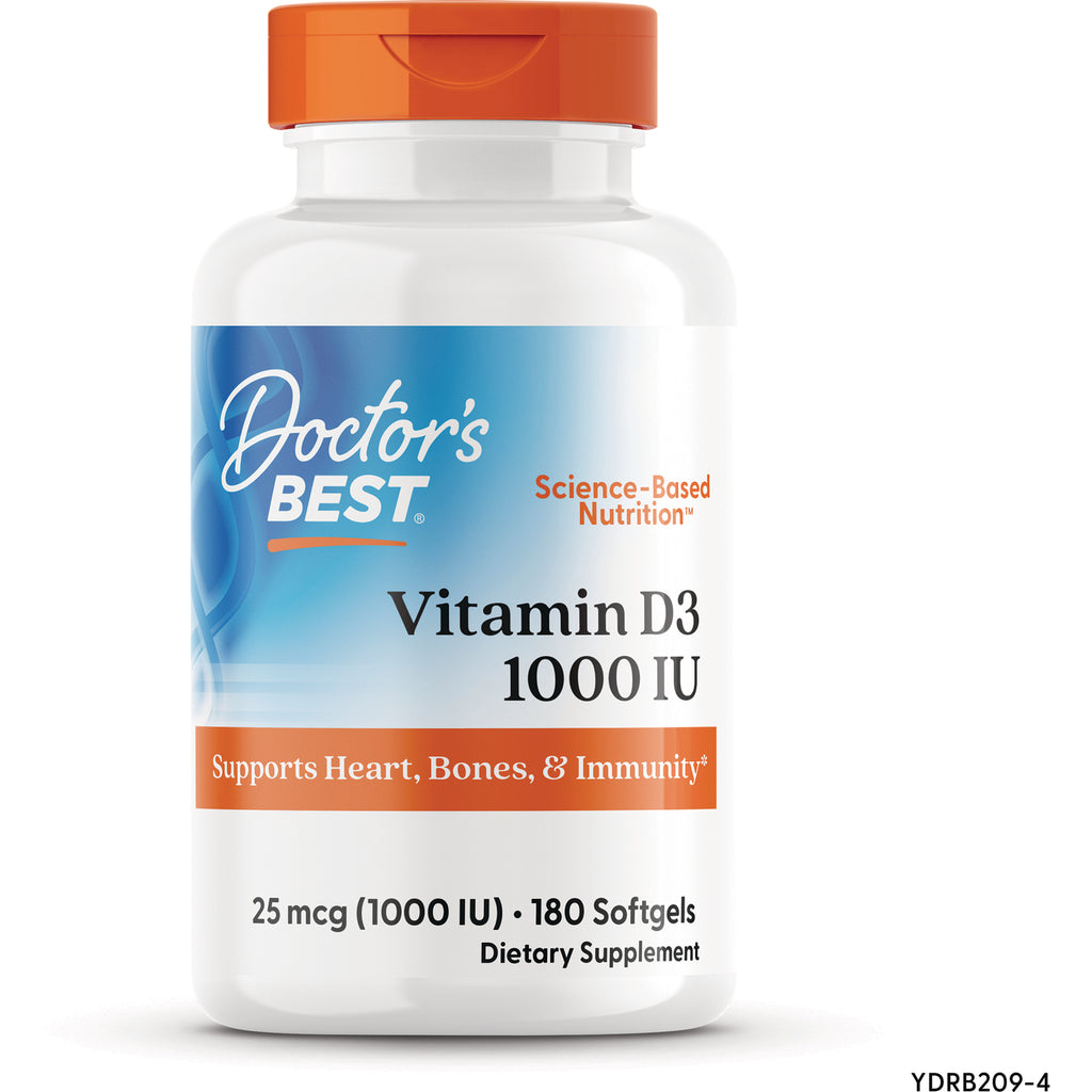 DB149 | Doctor's Best Vitamin D3 1000 IU white bottle with orange cap, 180 softgels dietary supplement - Thumbnail
