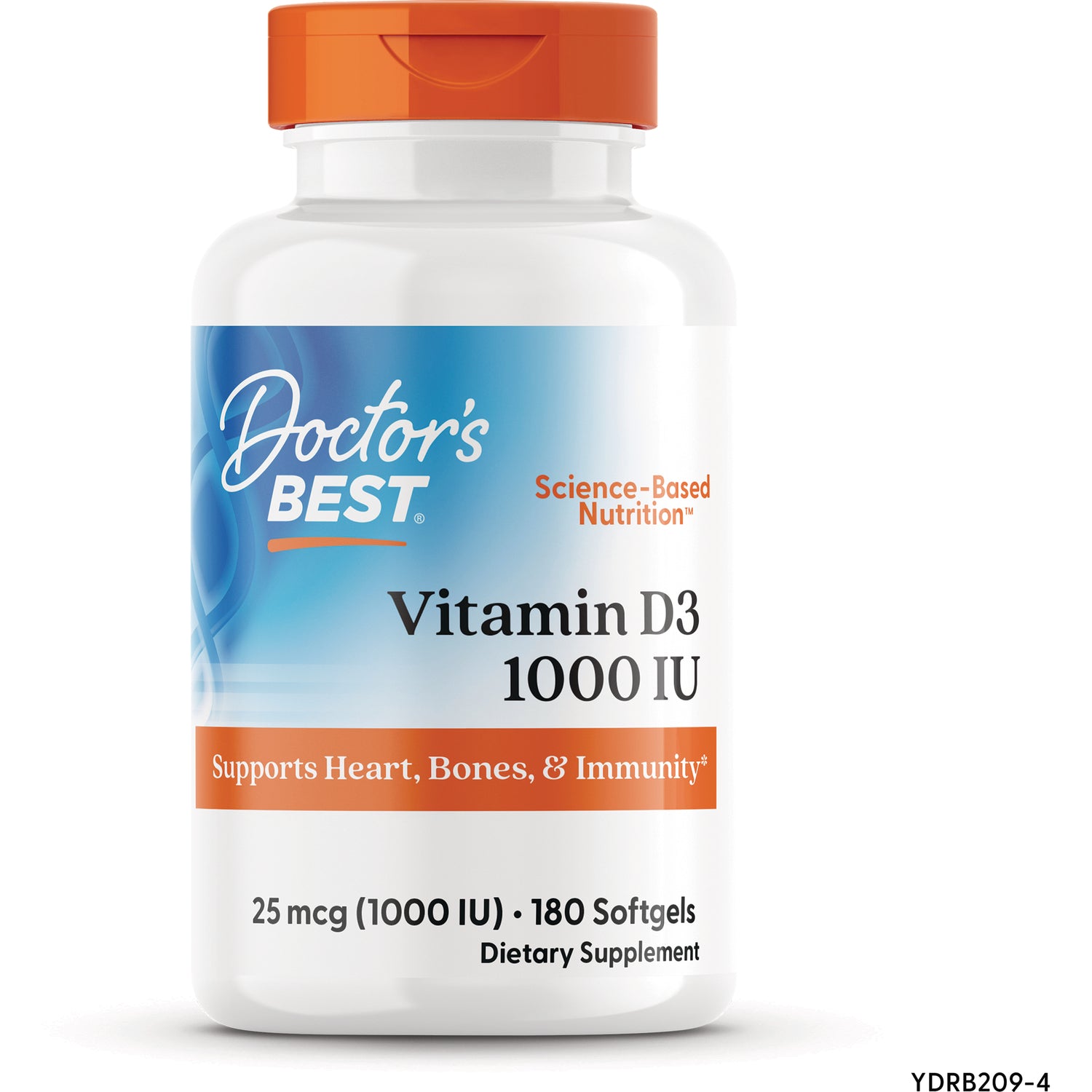 DB149 | Doctor's Best Vitamin D3 1000 IU white bottle with orange cap, 180 softgels dietary supplement