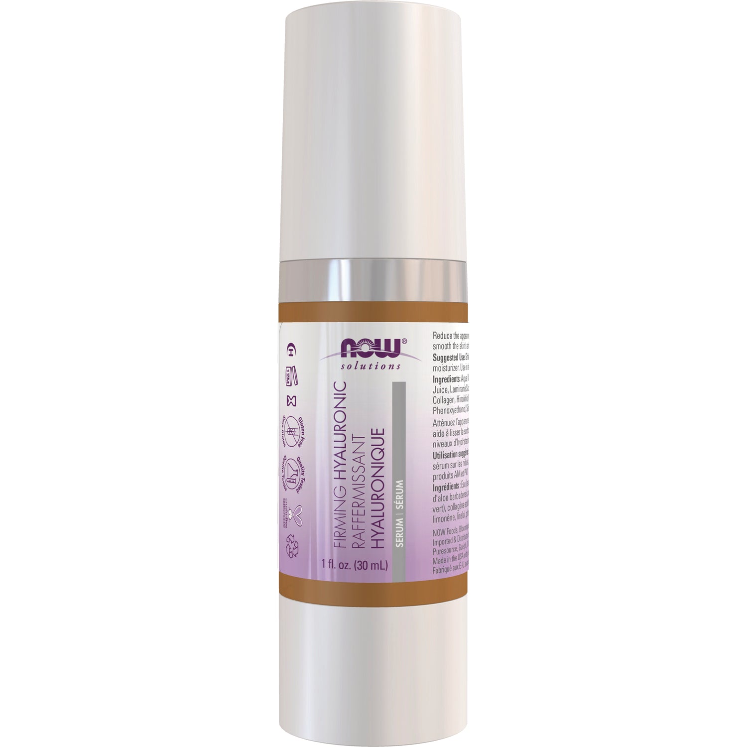 NWF613 | White pump bottle with purple NOW Solutions firming hyaluronic serum label, 1 fl oz