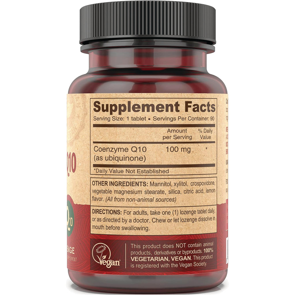 DEV037 | back label with Supplement Facts showing Coenzyme Q10 100 mg, other ingredients, directions, and vegan logo - Thumbnail