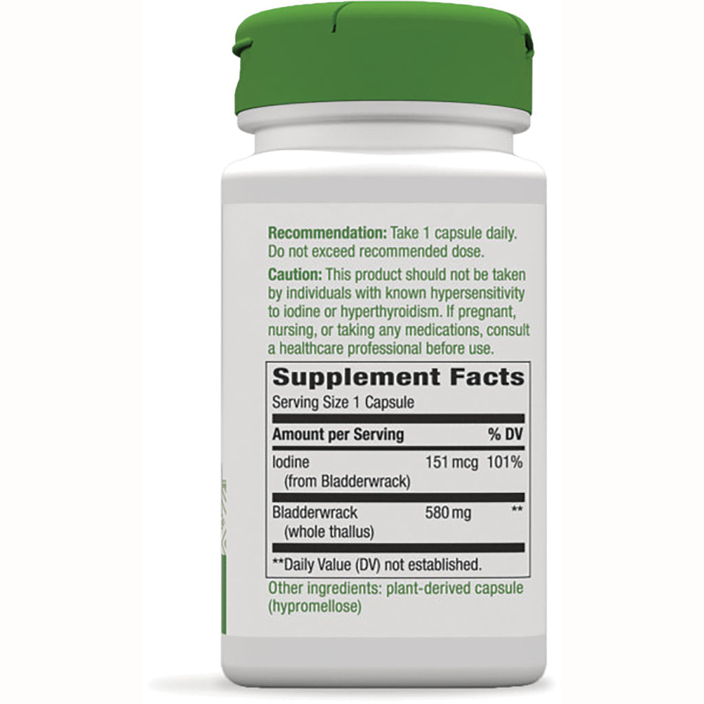 NW716 | Back of white supplement bottle showing recommendation and caution text and Supplement Facts listing Iodine 151 mcg and Bladderwrack 580 mg - Thumbnail