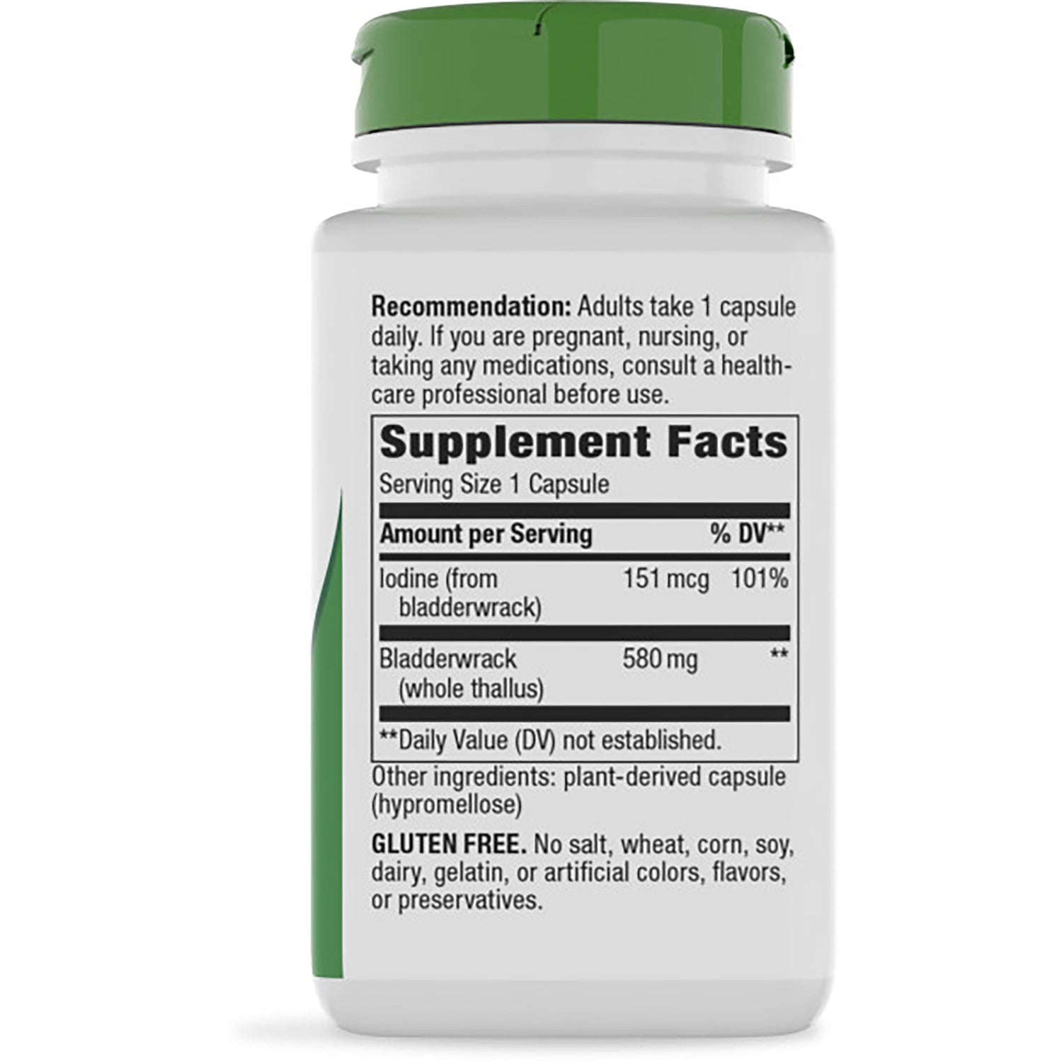 NW716 | Back of white supplement bottle showing recommendation and caution text and Supplement Facts listing Iodine 151 mcg and Bladderwrack 580 mg