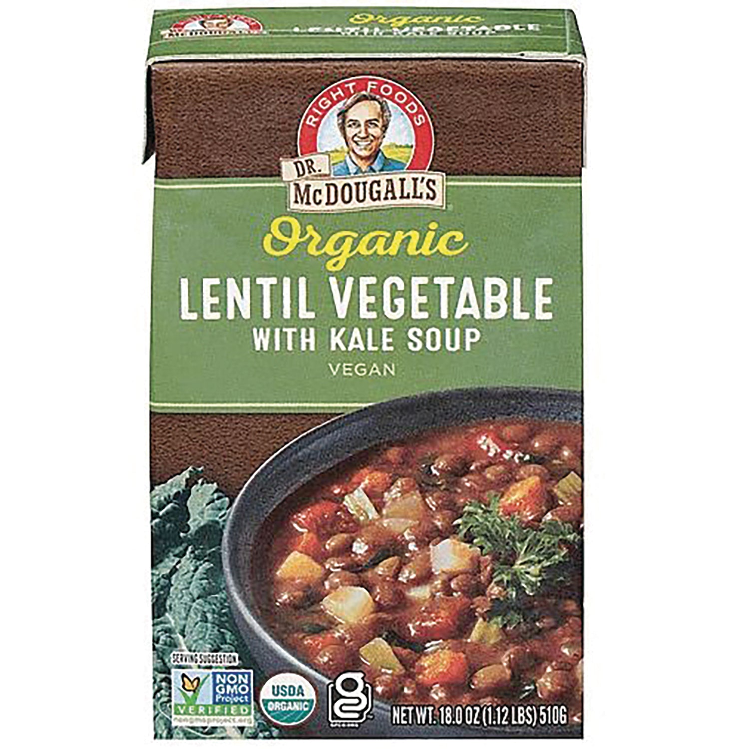 DMD011 | Dr. McDougall's Organic Lentil Vegetable with Kale Soup carton showing a bowl of soup