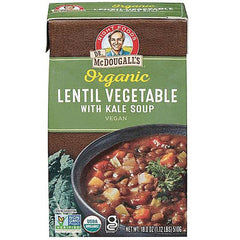 DMD011 | Dr. McDougall's Organic Lentil Vegetable with Kale Soup carton showing a bowl of soup