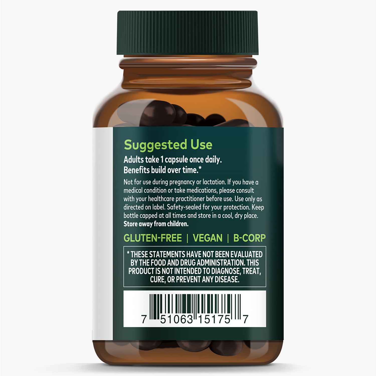 GH148 | Back of Gaia Herbs box with The GAIA DIFFERENCE checklist, gluten free and Certified B logos, meetyourherbs.com