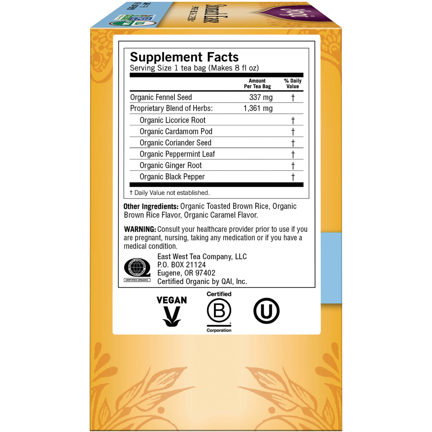 AHW011 | Back panel with Supplement Facts, other ingredients, warning, and vegan, Certified B and OU symbols