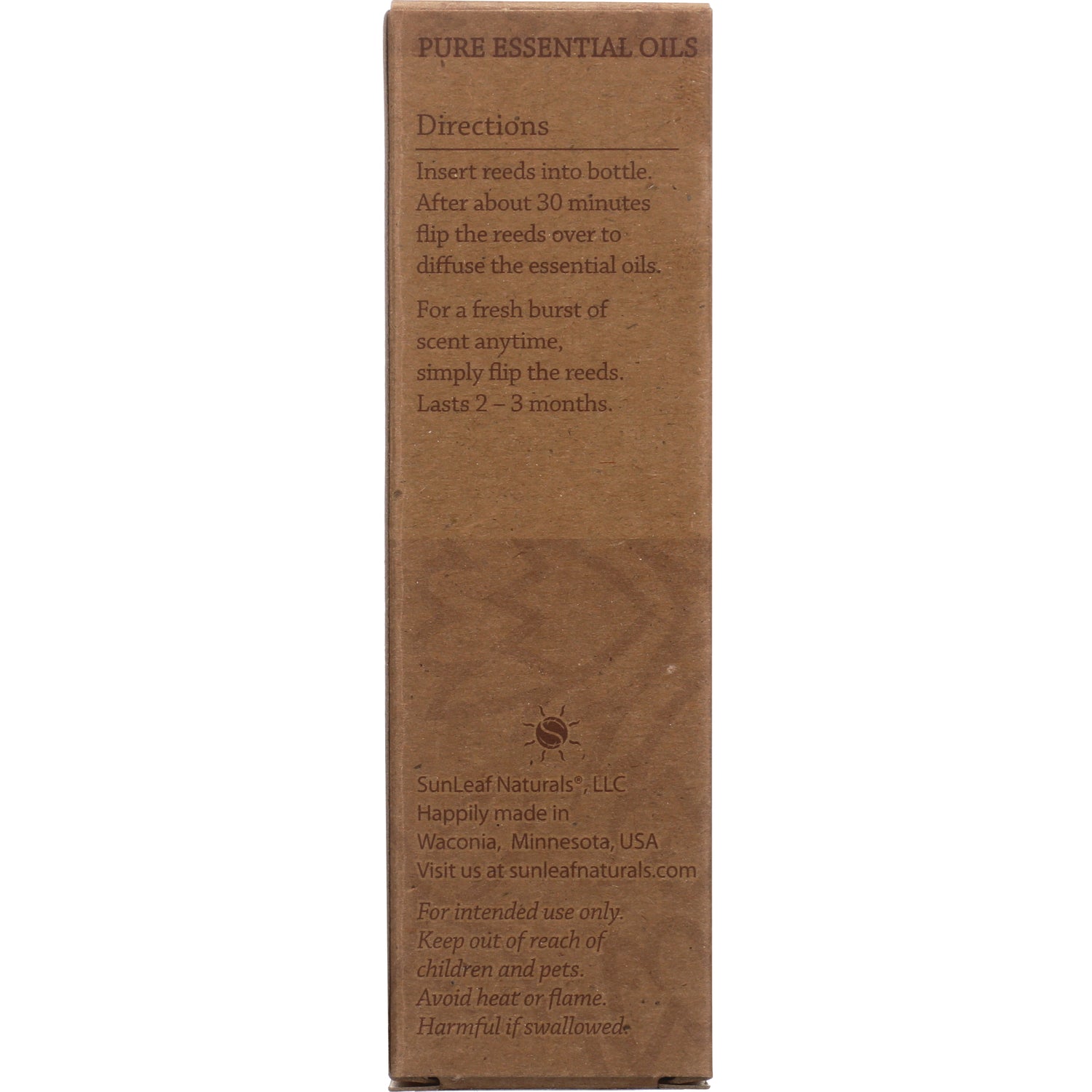 SLN002 | Back panel of brown diffuser box showing directions, manufacturer info, and warnings