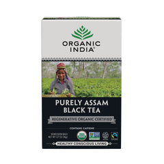 RGN105 | Organic India Purely Assam Black Tea front packaging with brand logo, tea picker photo and certification badges