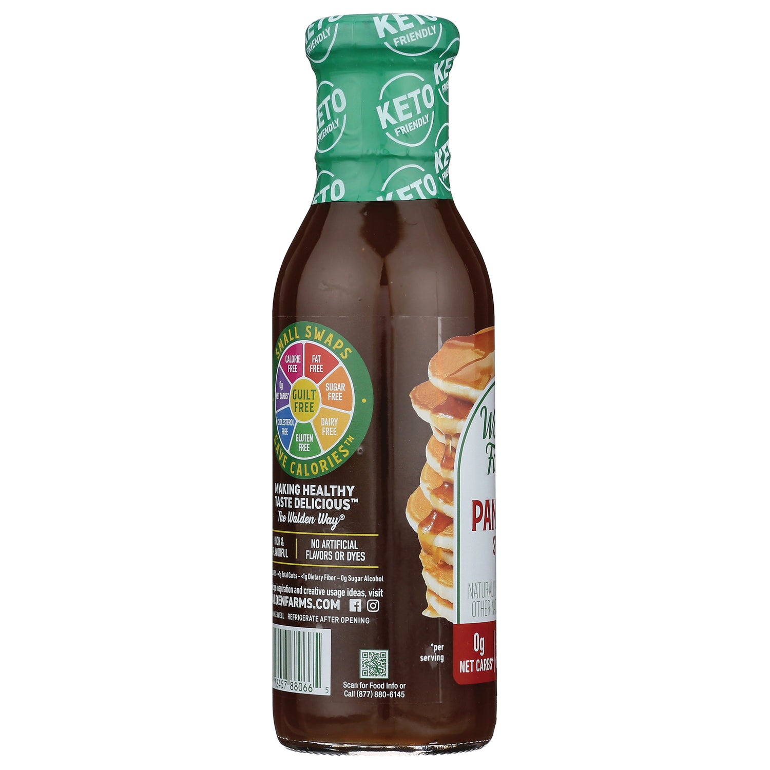 WAL024 | Keto-friendly pancake syrup bottle with claims wheel and pancake stack on label; 0g net carbs per serving