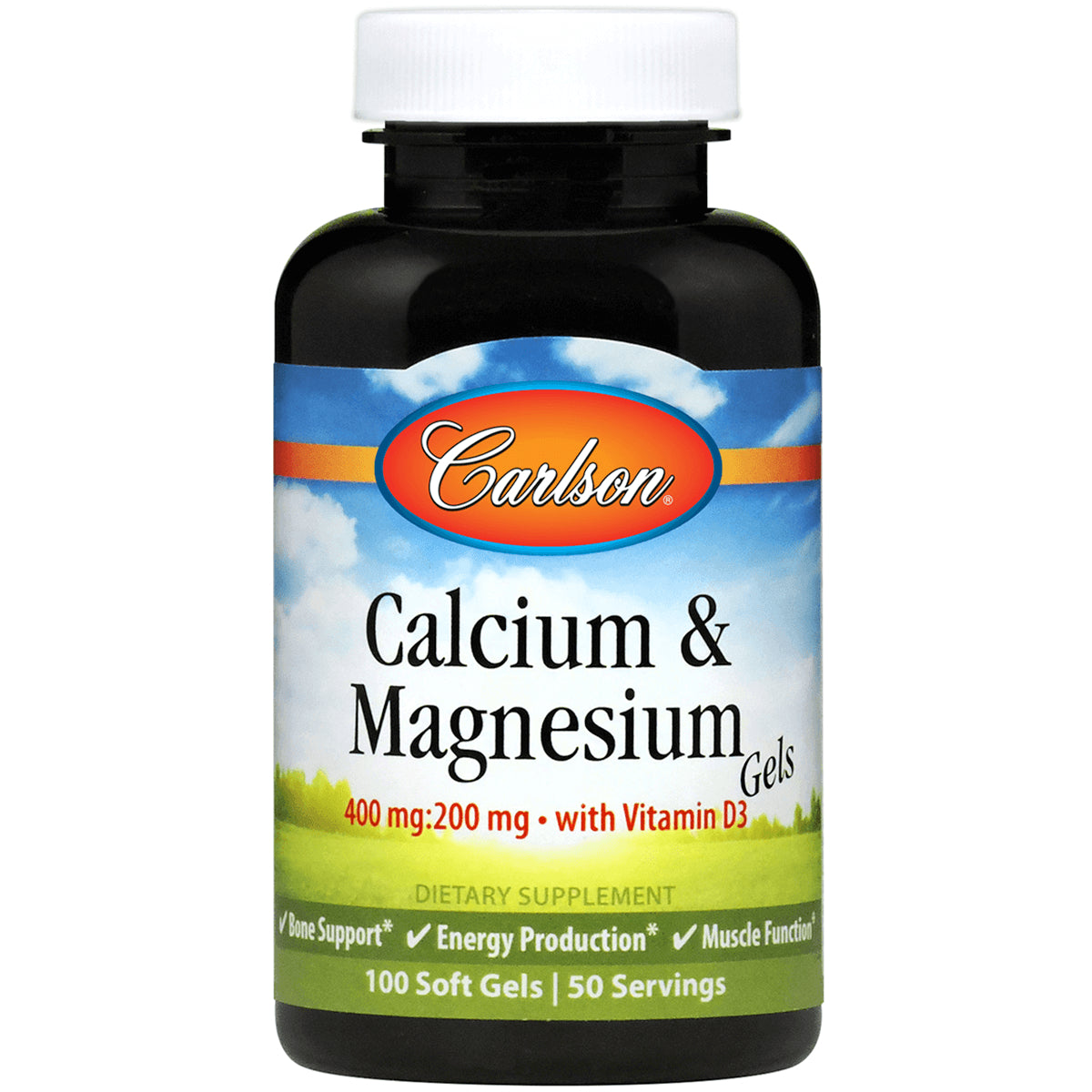 CSN160 | Carlson Calcium & Magnesium softgels bottle front label 400 mg:200 mg with Vitamin D3 100 Soft Gels