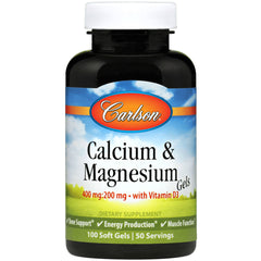 CSN160 | Carlson Calcium & Magnesium softgels bottle front label 400 mg:200 mg with Vitamin D3 100 Soft Gels