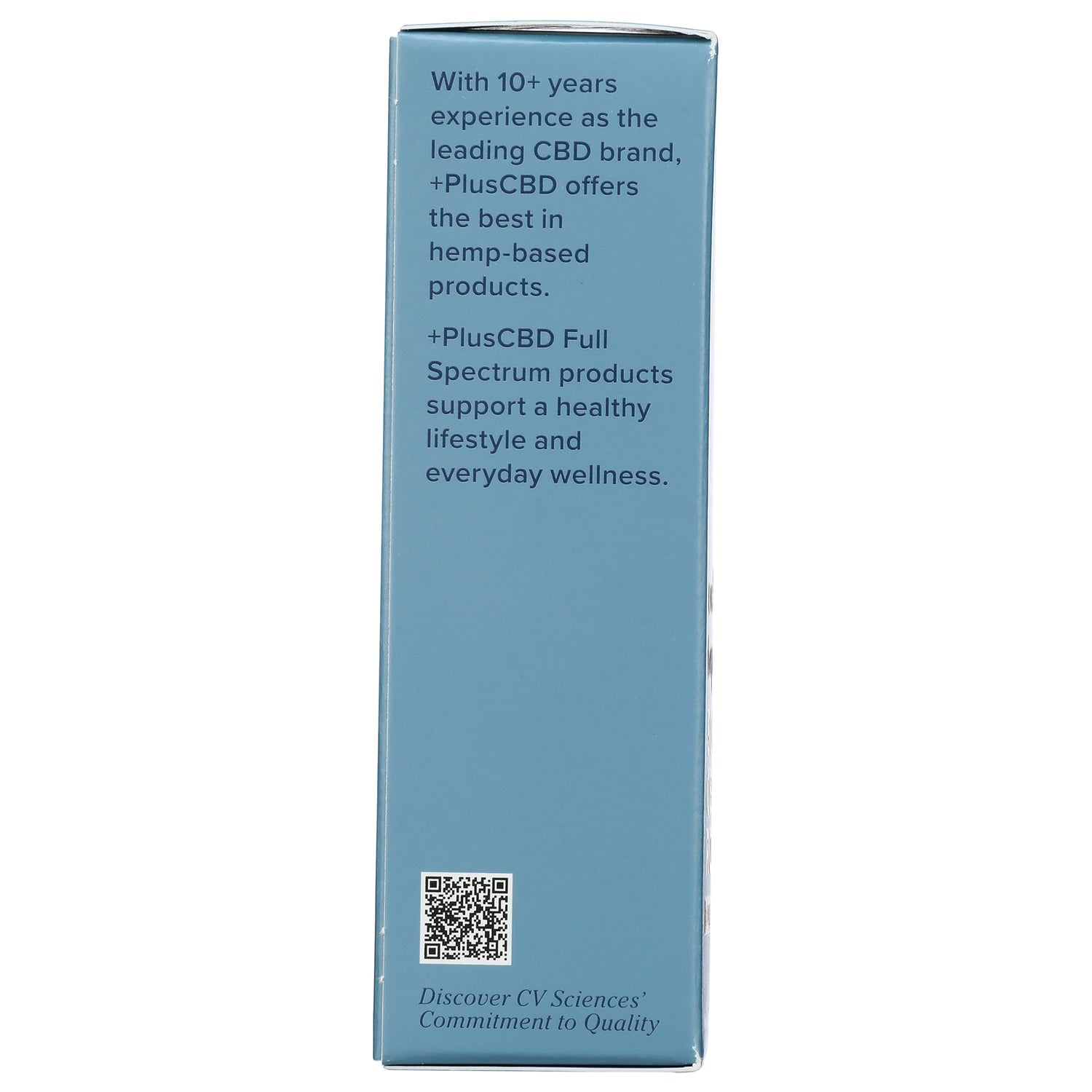 CV015 | Blue side panel with text With 10+ years experience as the leading CBD brand, QR code and Discover CV Sciences Commitment to Quality