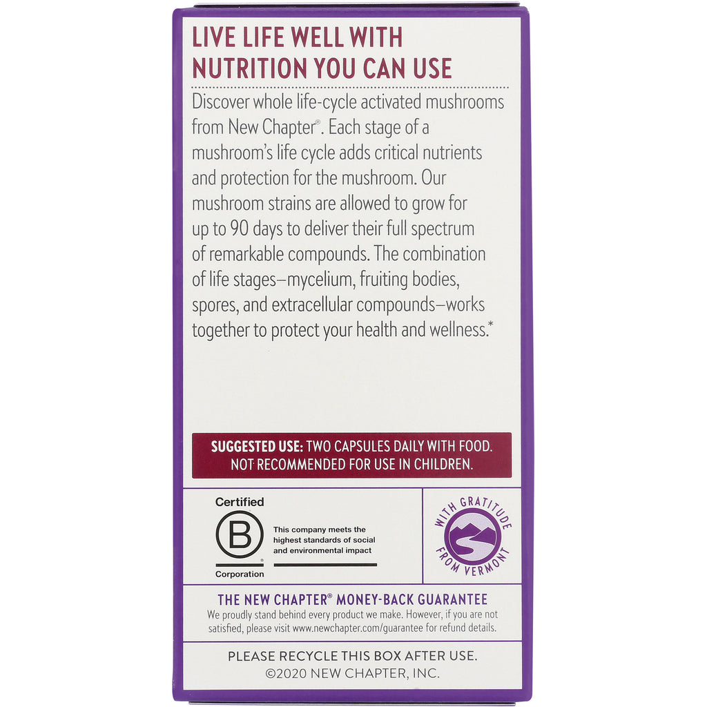 NWC314 | Back of New Chapter supplement box with suggested use two capsules daily, certification badge, and money-back guarantee - Thumbnail