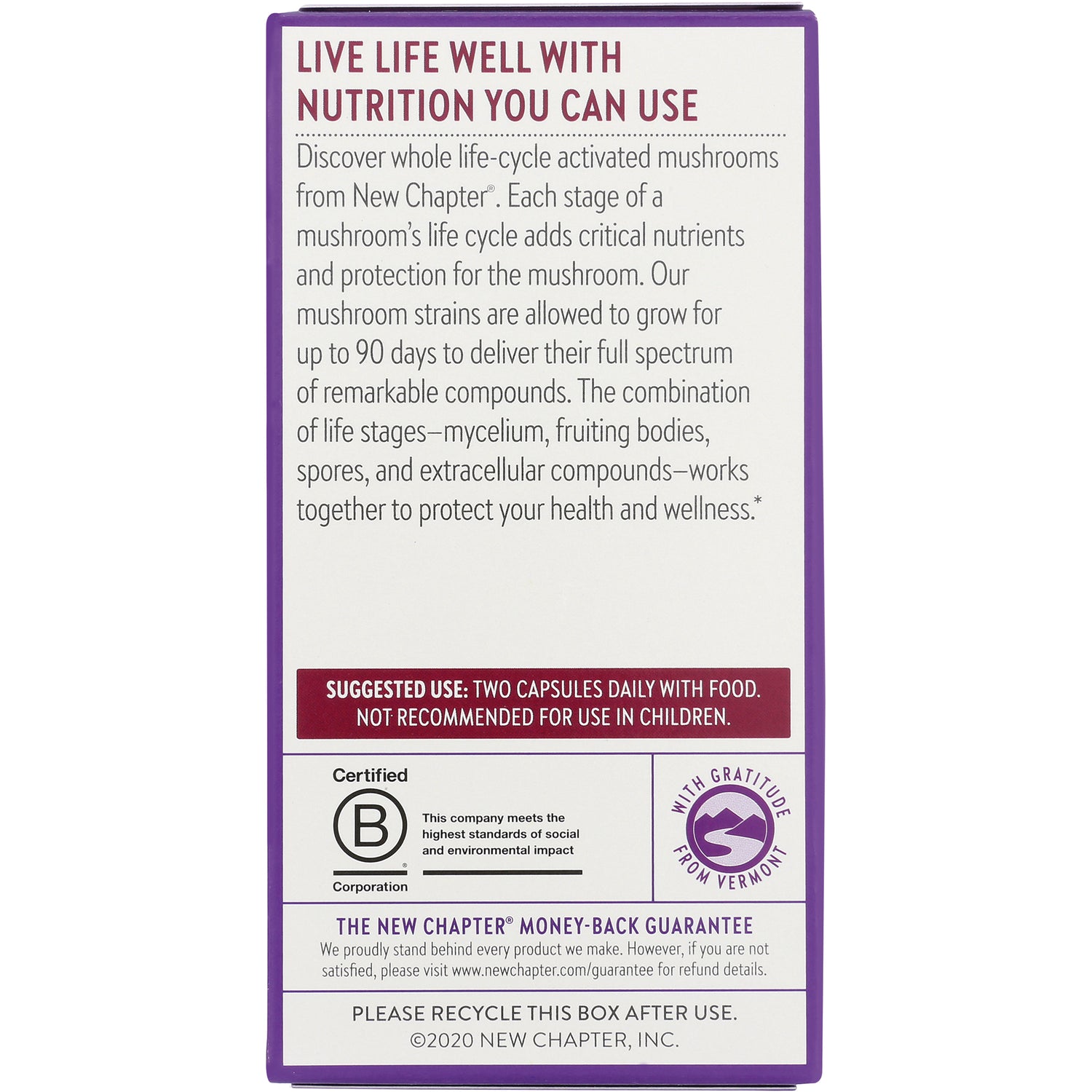 NWC314 | Back of New Chapter supplement box with suggested use two capsules daily, certification badge, and money-back guarantee