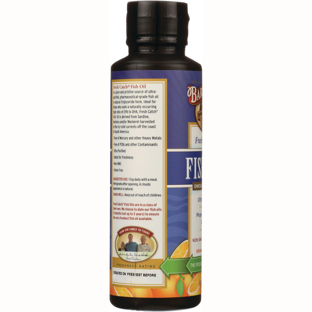 BAR041 | Back label of fish oil bottle showing Fresh Catch Fish Oil text, usage instructions and freshness dating - Thumbnail