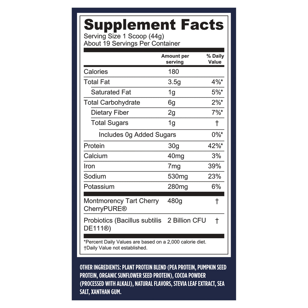 VGA004 | Supplement Facts panel with serving size 1 scoop (44g), 30g protein, 480mg tart cherry, 2 Billion CFU probiotics - Thumbnail