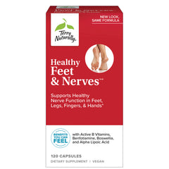 Terry Naturally Healthy Feet & Nerves supplement box front showing product name, red packaging, 120 capsules vegan