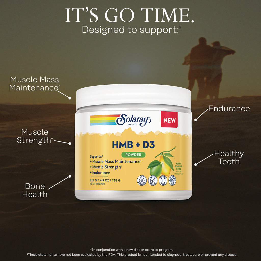SLR539 | Solaray HMB + D3 powder jar with labeled callouts for muscle mass maintenance, strength, endurance, bone health, healthy teeth - Thumbnail