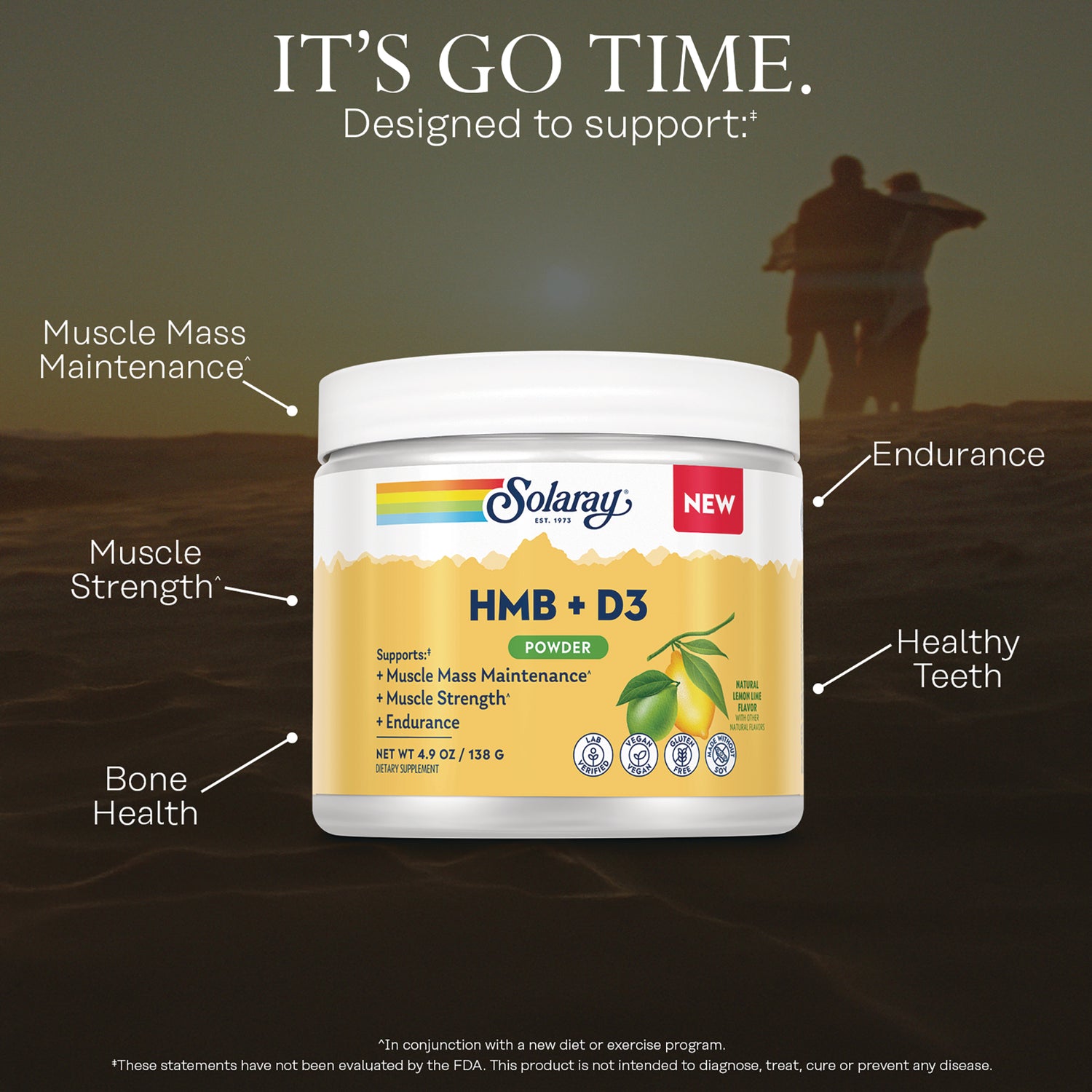 SLR539 | Solaray HMB + D3 powder jar with labeled callouts for muscle mass maintenance, strength, endurance, bone health, healthy teeth