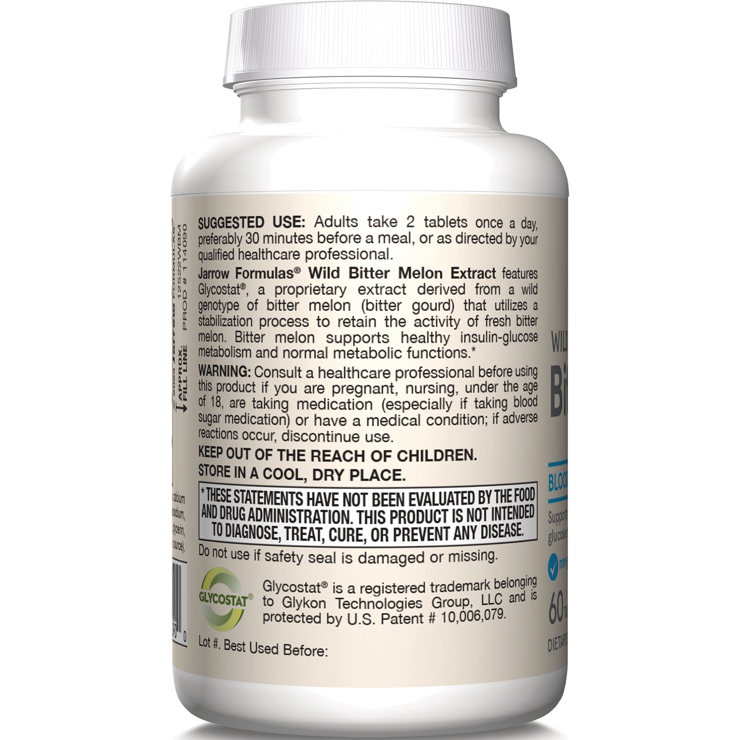 JR286 | Back label of white supplement bottle showing suggested use, warnings, and storage instructions
