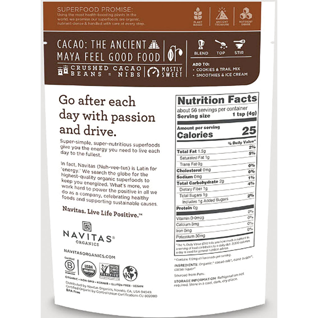 NAV068 | Back of Navitas Organics cacao nibs pouch showing Nutrition Facts panel and product description - Thumbnail