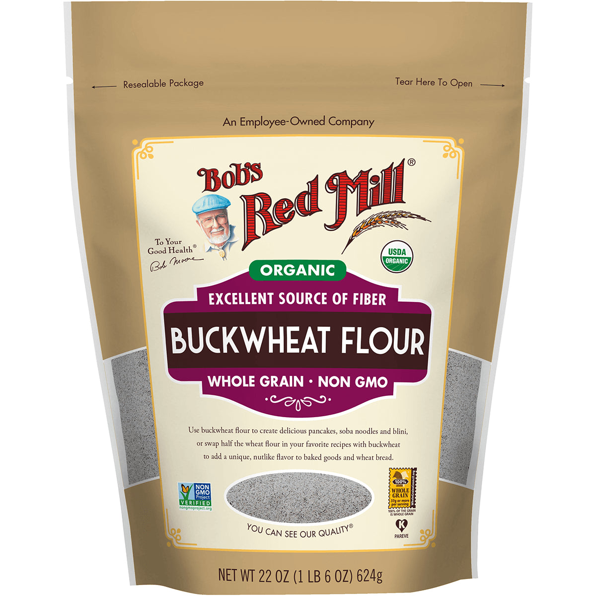 BOB408 | Bob's Red Mill organic buckwheat flour pouch front showing Buckwheat Flour label and USDA Organic badge, net wt 22 oz