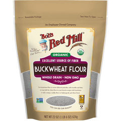 BOB408 | Bob's Red Mill organic buckwheat flour pouch front showing Buckwheat Flour label and USDA Organic badge, net wt 22 oz