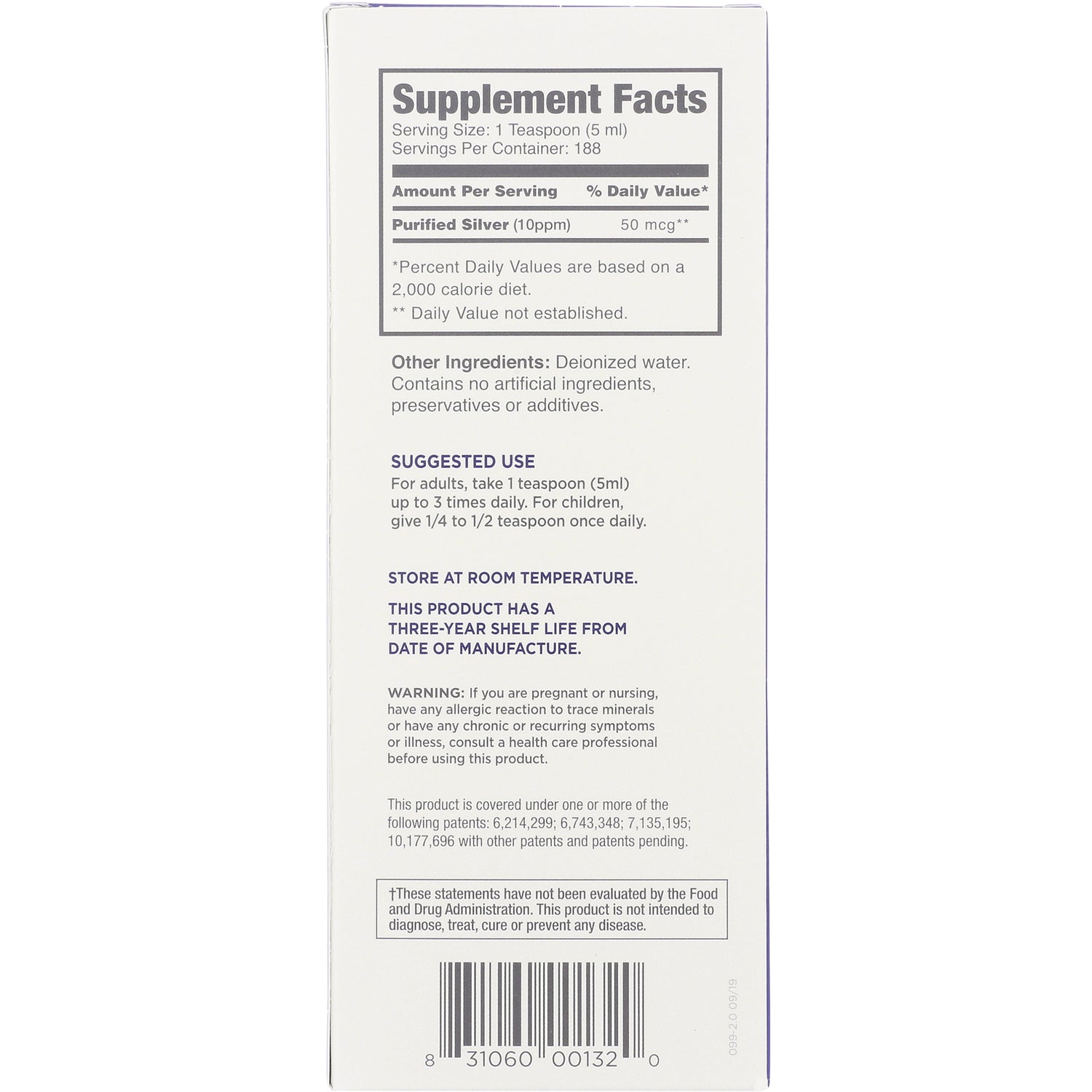 ABL006 | Back panel with Supplement Facts listing Purified Silver 50 mcg, suggested use, and storage instructions