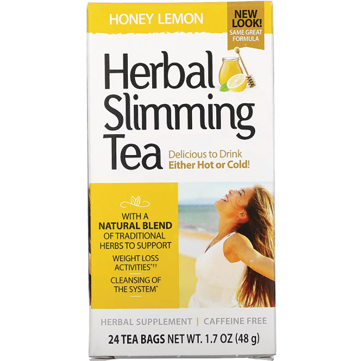 CNT150 | Honey Lemon Herbal Slimming Tea box front, 24 tea bags, caffeine free, natural blend label, woman on beach