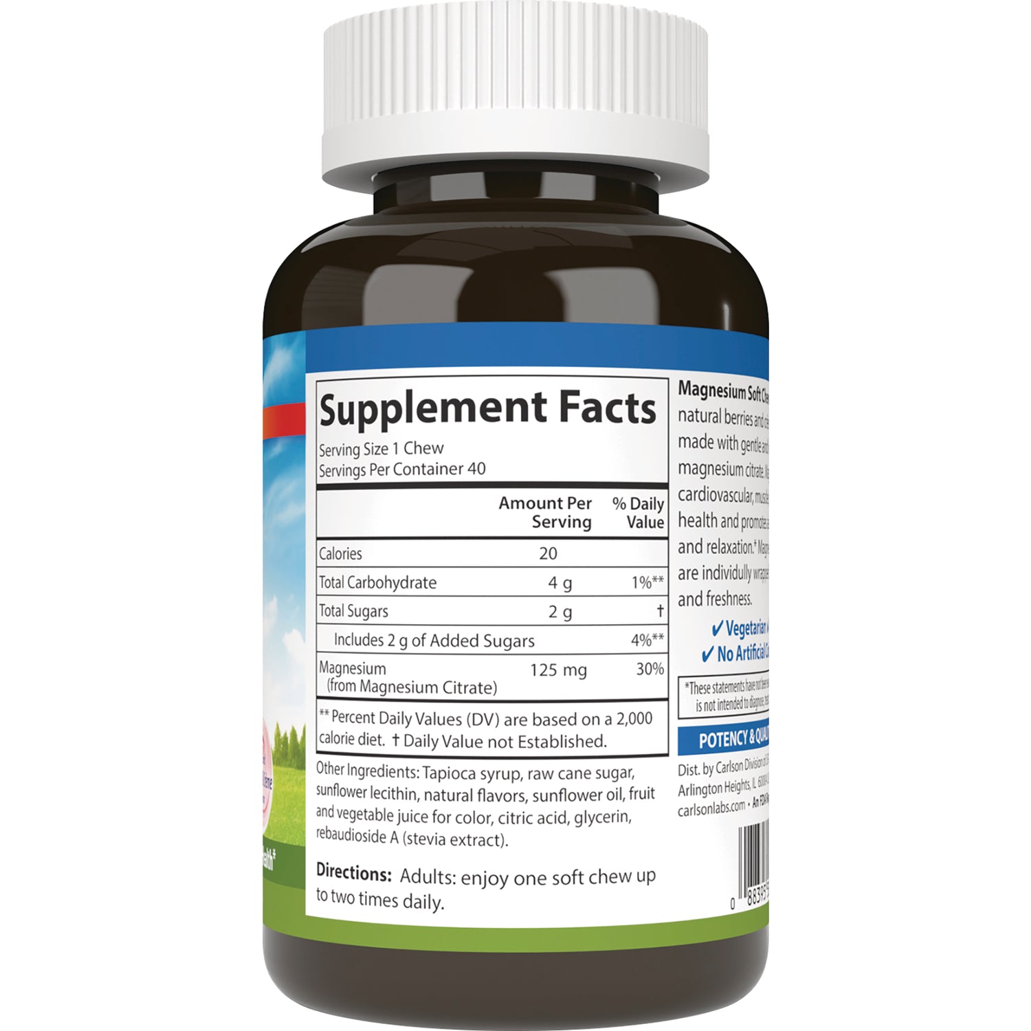 CSN310 | Back label showing Supplement Facts panel, nutrition facts, ingredients, and directions on a brown bottle