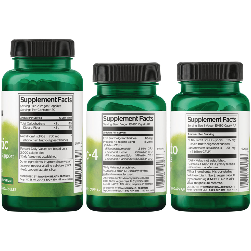 SWA010 | Back of three green probiotic supplement bottles showing Supplement Facts and ingredients panels - Thumbnail