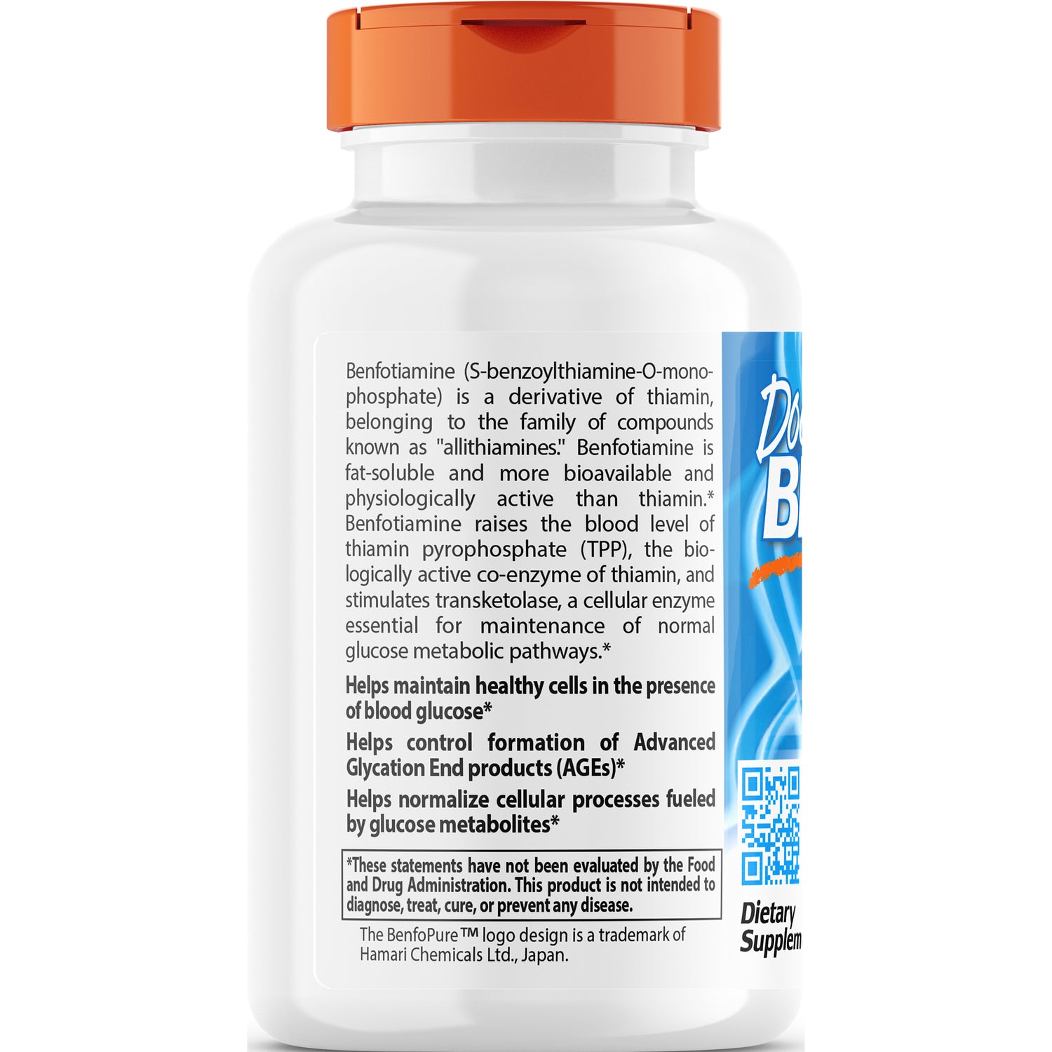 DB072 | back label of white supplement bottle showing benfotiamine description, health claims, and QR code
