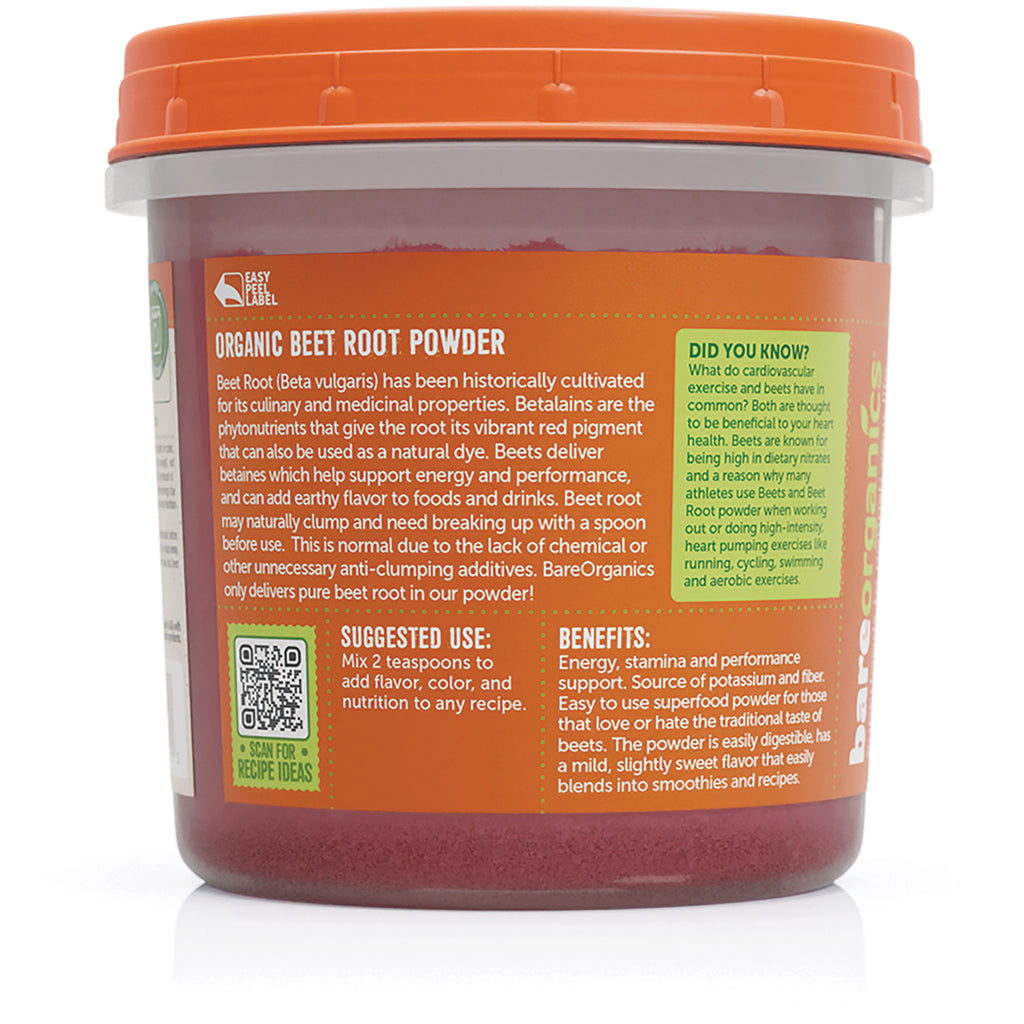 Back label of orange tub reading Organic Beet Root Powder with suggested use, benefits, and QR code - Thumbnail