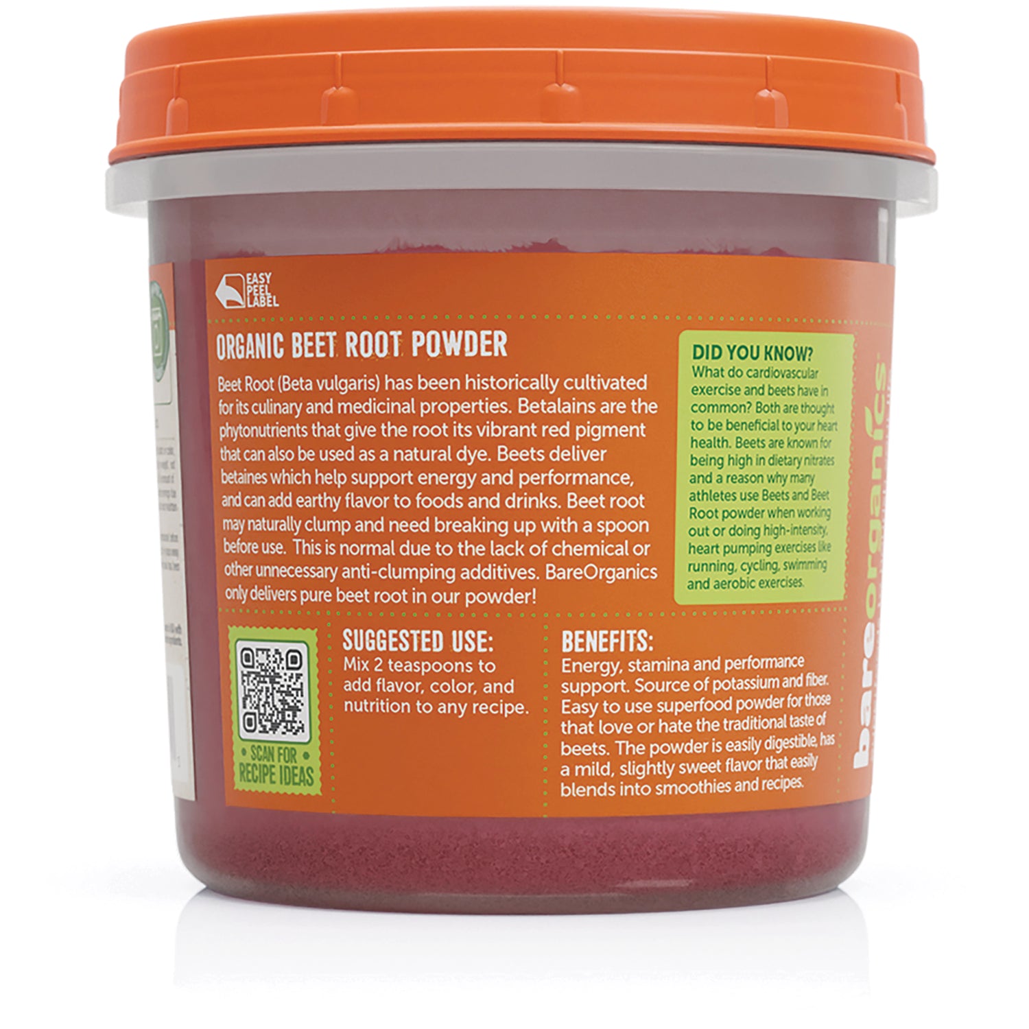 Back label of orange tub reading Organic Beet Root Powder with suggested use, benefits, and QR code