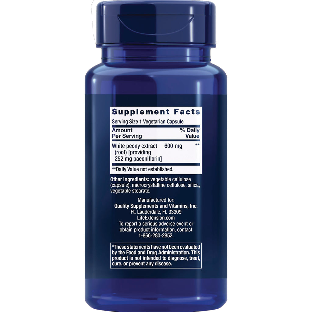 LE277 | Back label showing Supplement Facts panel for white peony extract 600 mg, other ingredients and FDA disclaimer - Thumbnail