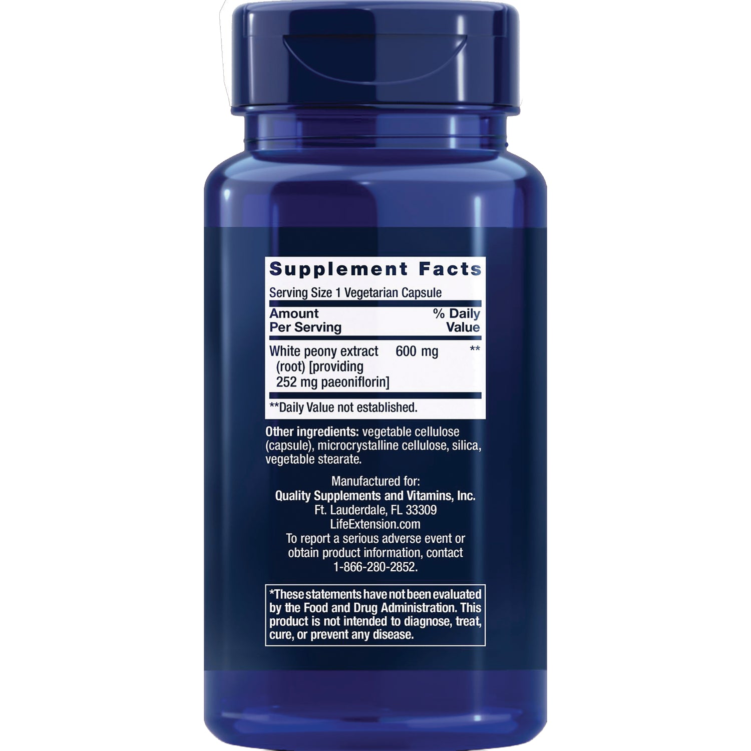 LE277 | Back label showing Supplement Facts panel for white peony extract 600 mg, other ingredients and FDA disclaimer