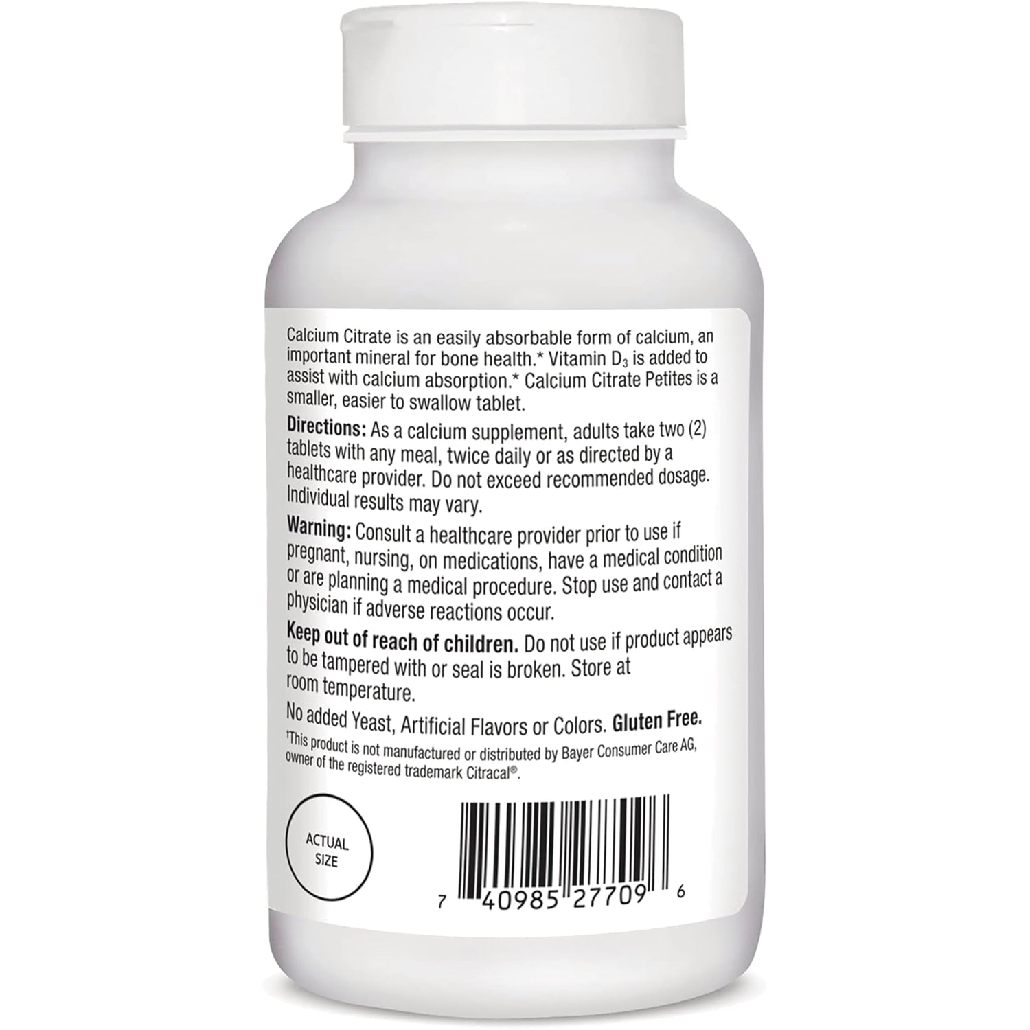 CNT279 | Back label of white supplement bottle showing directions, warnings, barcode and actual size circle