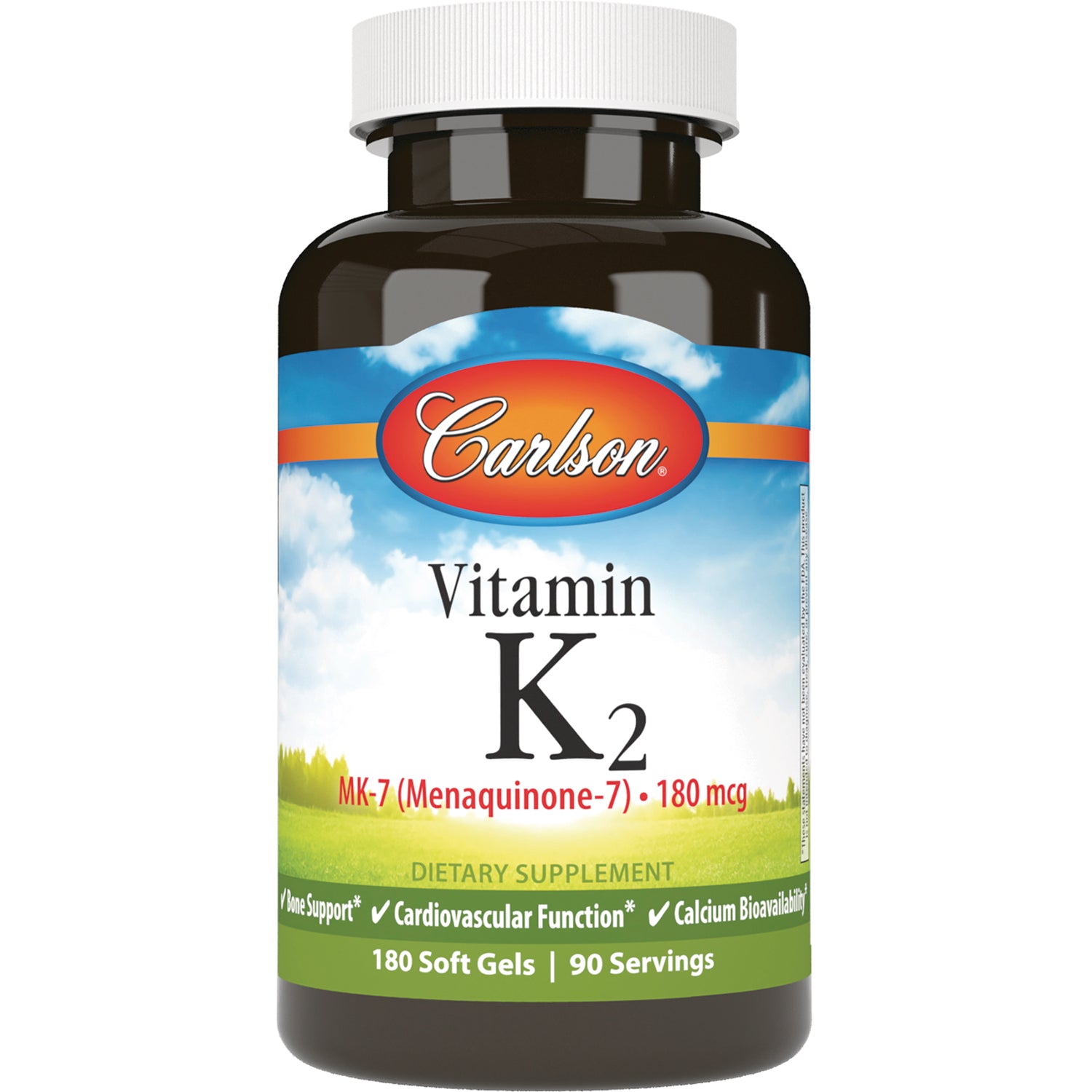CSN307 | Carlson Vitamin K2 MK-7 180 mcg dietary supplement bottle front, 180 soft gels label